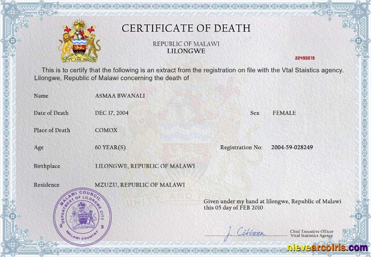 Malawi death certificate